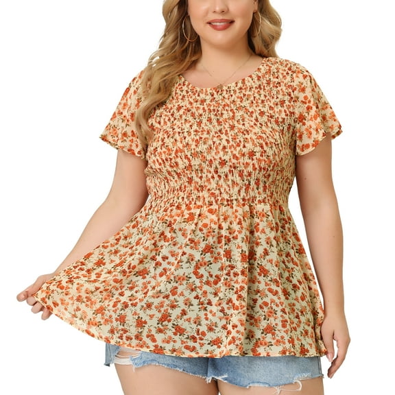 Agnes Orinda Plus Size Chiffon Blouses for Women Summer Flare Short Sleeve Smocked Ditsy Floral Peplum Top 1X Orange