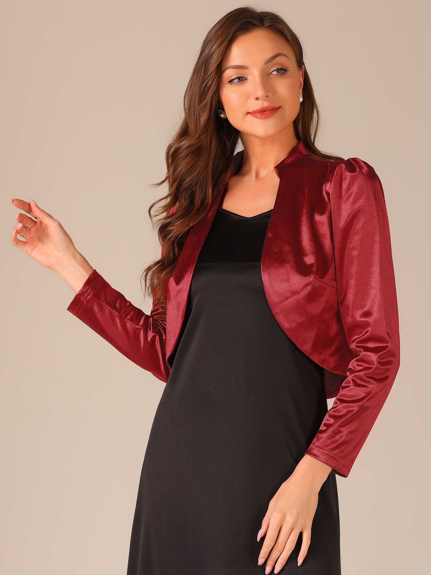 DARING DIVA Women's Satin Jacket Formal Long Sleeves Bolero Shrugs for Dresses S Wine Red