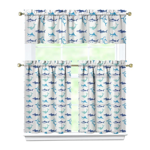 Kitchen Curtains 36 Inch Short - 3 Panel Set, Shark Whale Dolphin Ocean Theme, Rod Pocket Window Curtain, 100% Polyester for Nautical Farmhouse Kitchen, Easy Wash