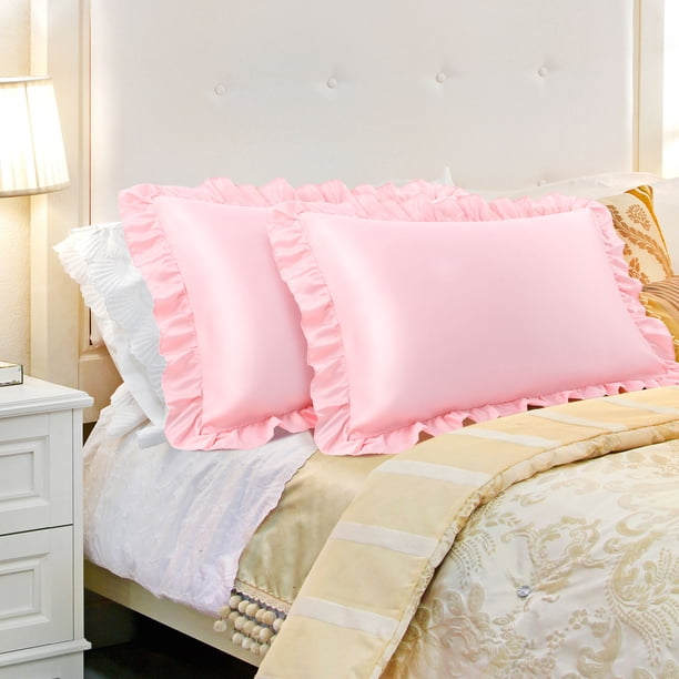 Juego de fundas de almohada de satén REGALWOVEN con volantes, set de 2, tamaño King, color rosa