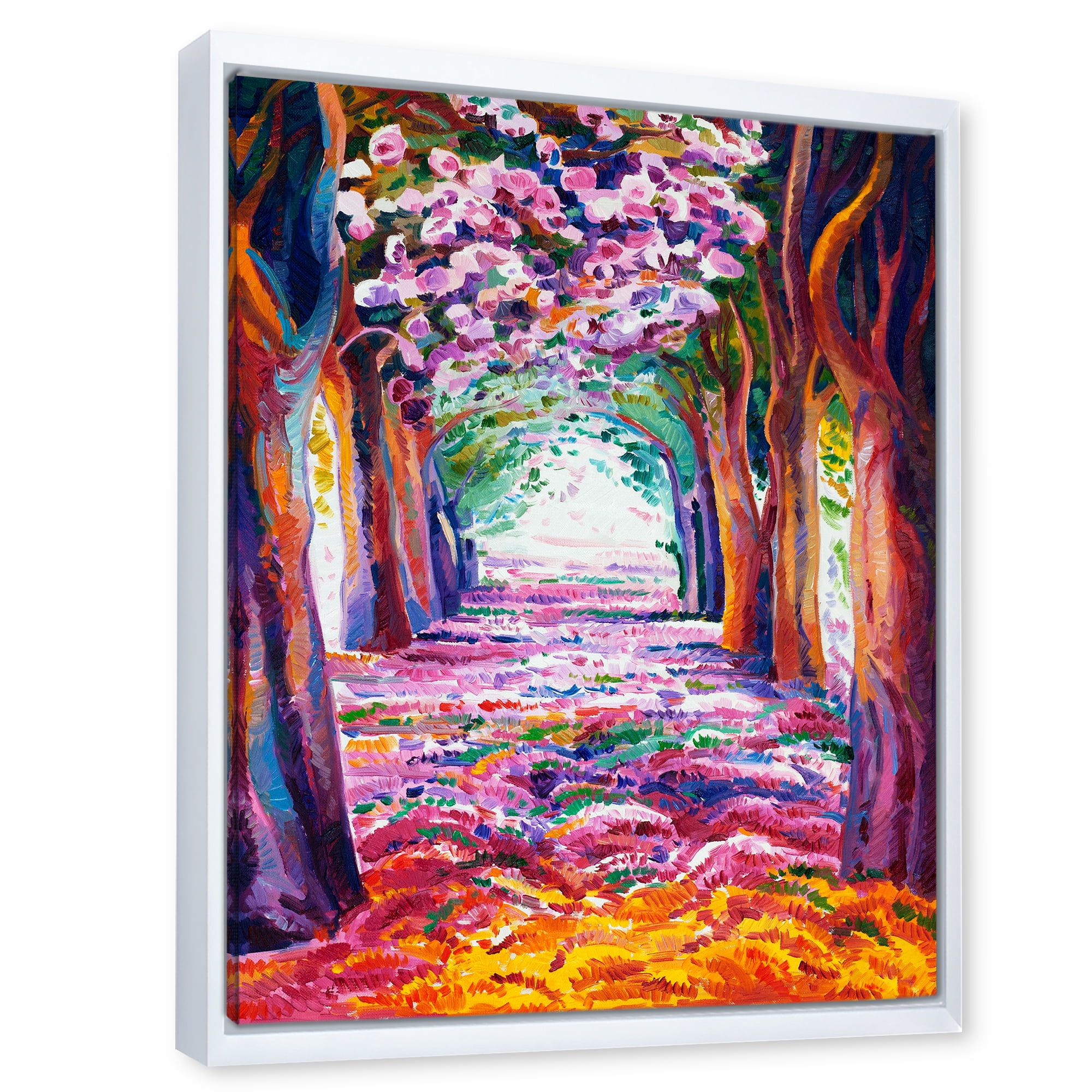 Designart 'Pink Flowering Colorful Spring Forest' Lake House Framed Canvas Wall Art Print