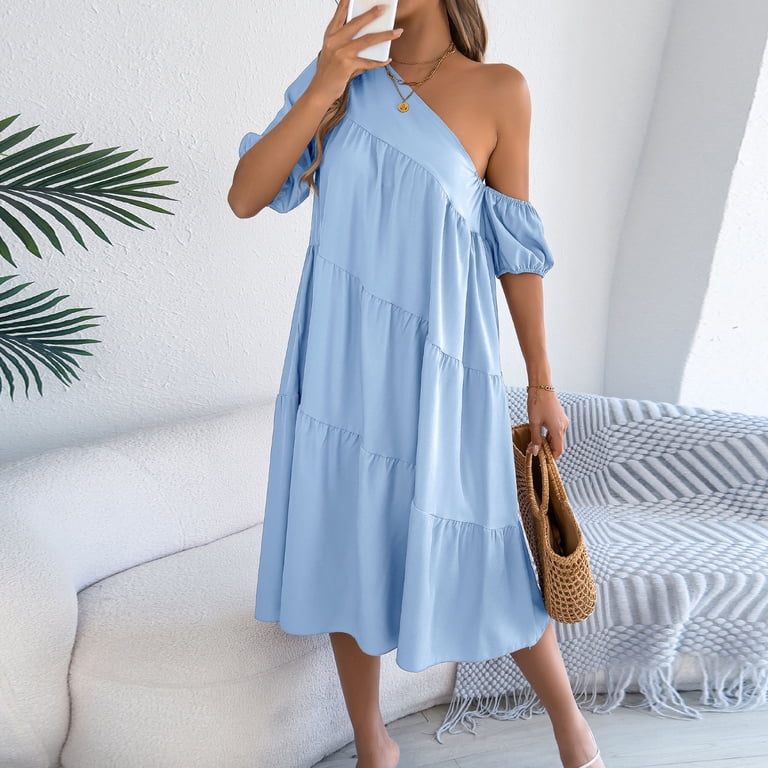 one shoulder puff sleeve midi dress Navy One Shoulder Puff Sleeve Textured Dress X-Large