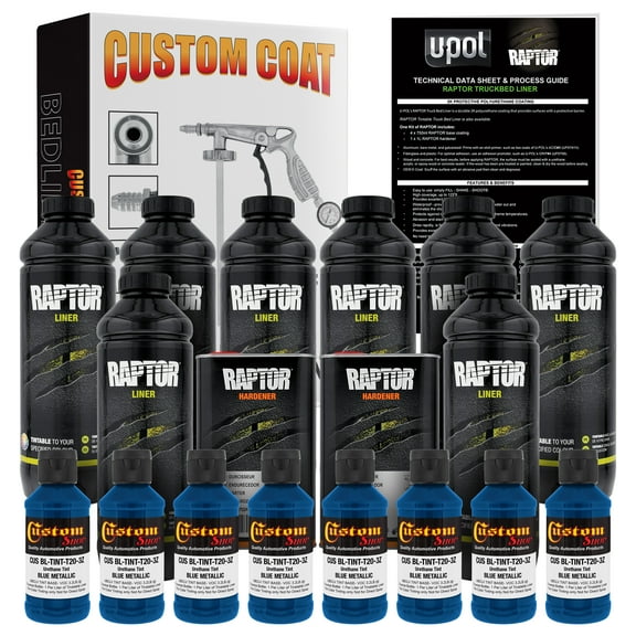 U-POL Raptor Blue Metallic Urethane Spray-On Truck Bed Liner Kit w/ FREE Custom Coat Spray Gun with Regulator, 8 Liters