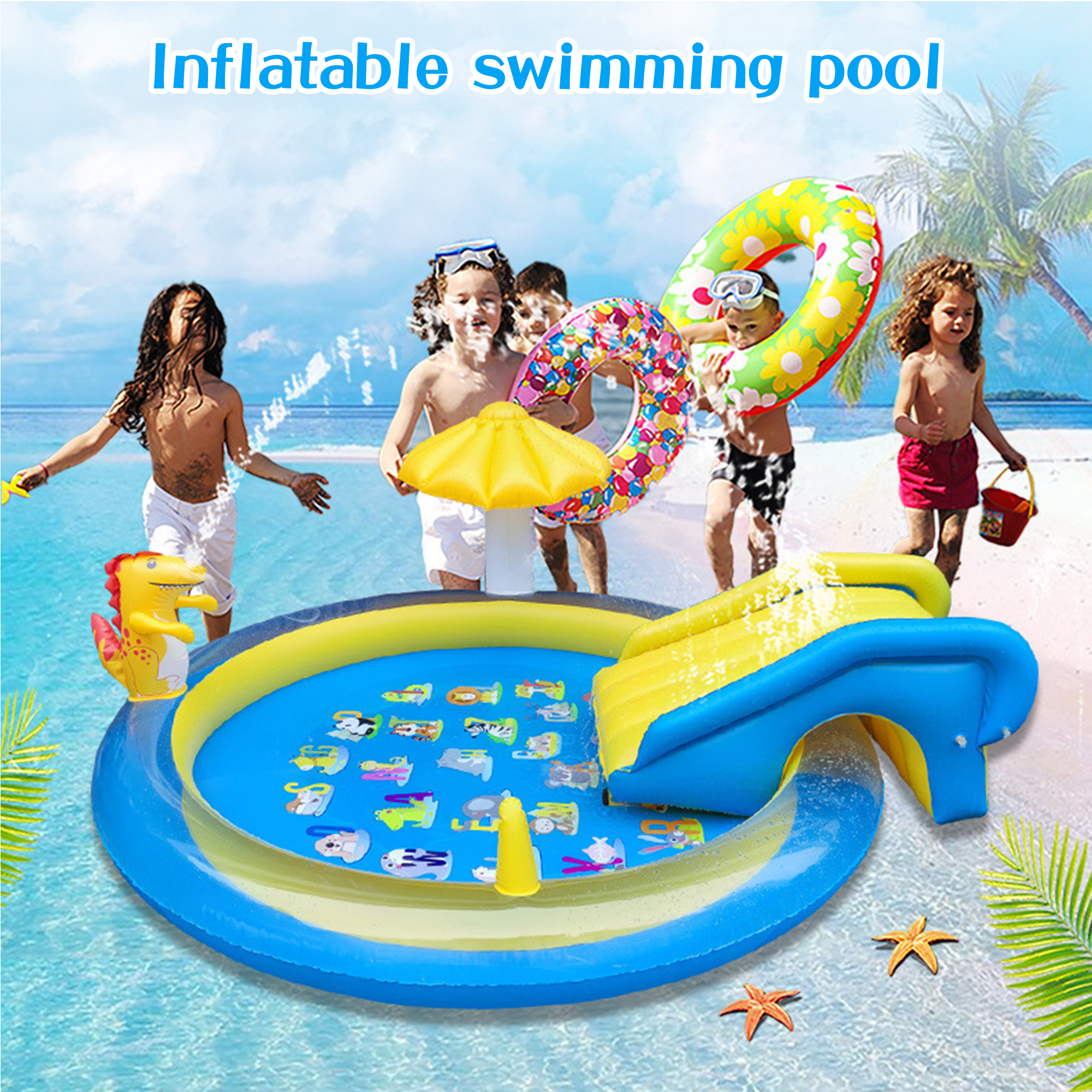 Richgv Splash Pad Sprinkler Play Mat with Slide, 78.7'' Inflatable Sprinkle Mat Outdoor Water Dinosaur Toys Pool Summer Toys Backyard Water Mat