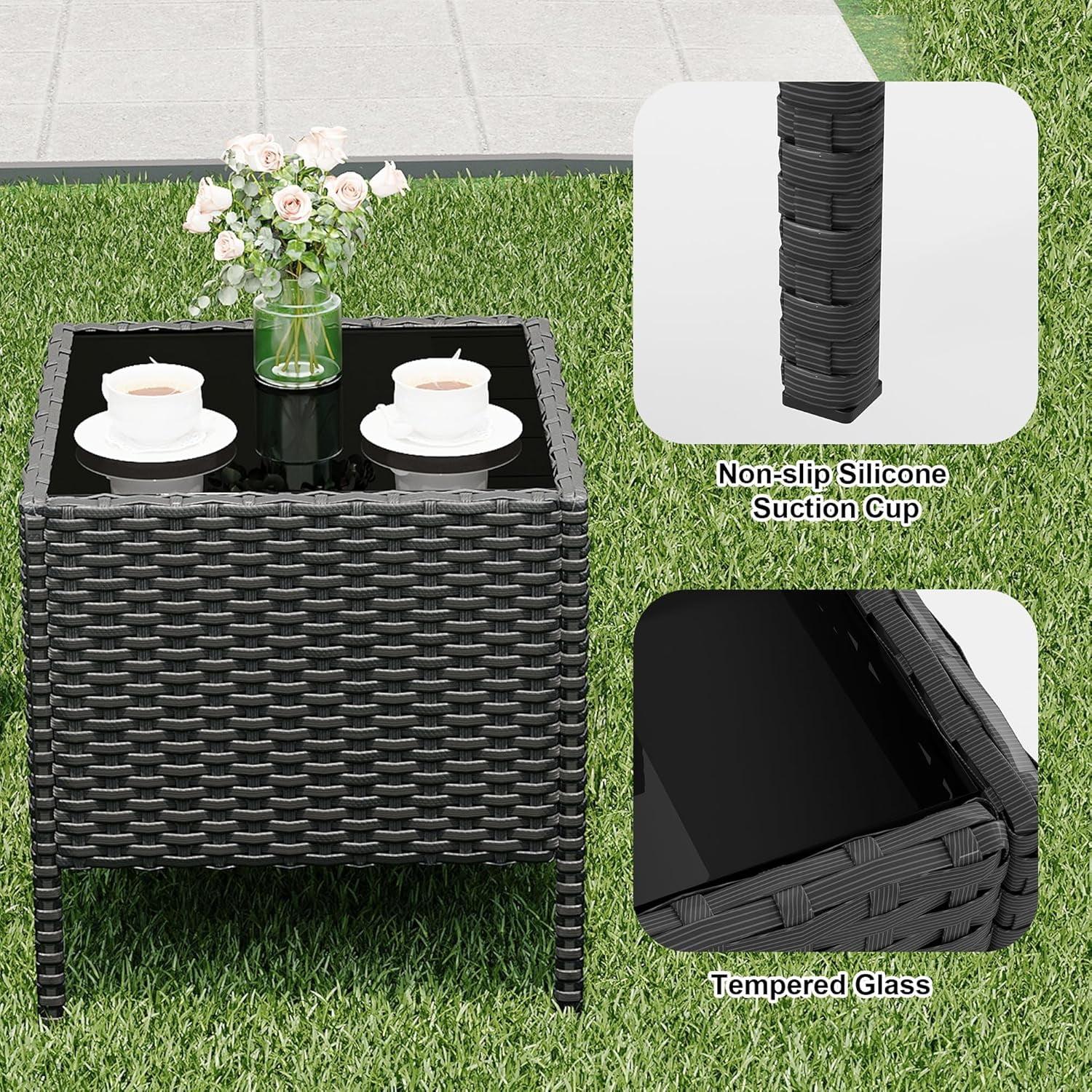 IdealHouse 3 Piece Patio Furniture Set, Rattan Outdoor Furniture with 2 Chairs & Coffee Table, Modern Outdoor Seating Conversation Bistro Set for Garden Backyard Porch (Black and Beige)