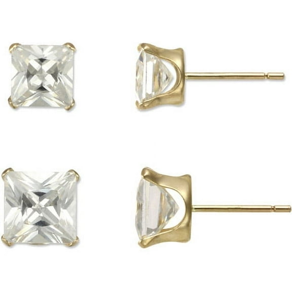 Brilliance Fine Jewelry Women's Square CZ 10kt Yellow Gold Stud Earrings Set, 5mm/6mm