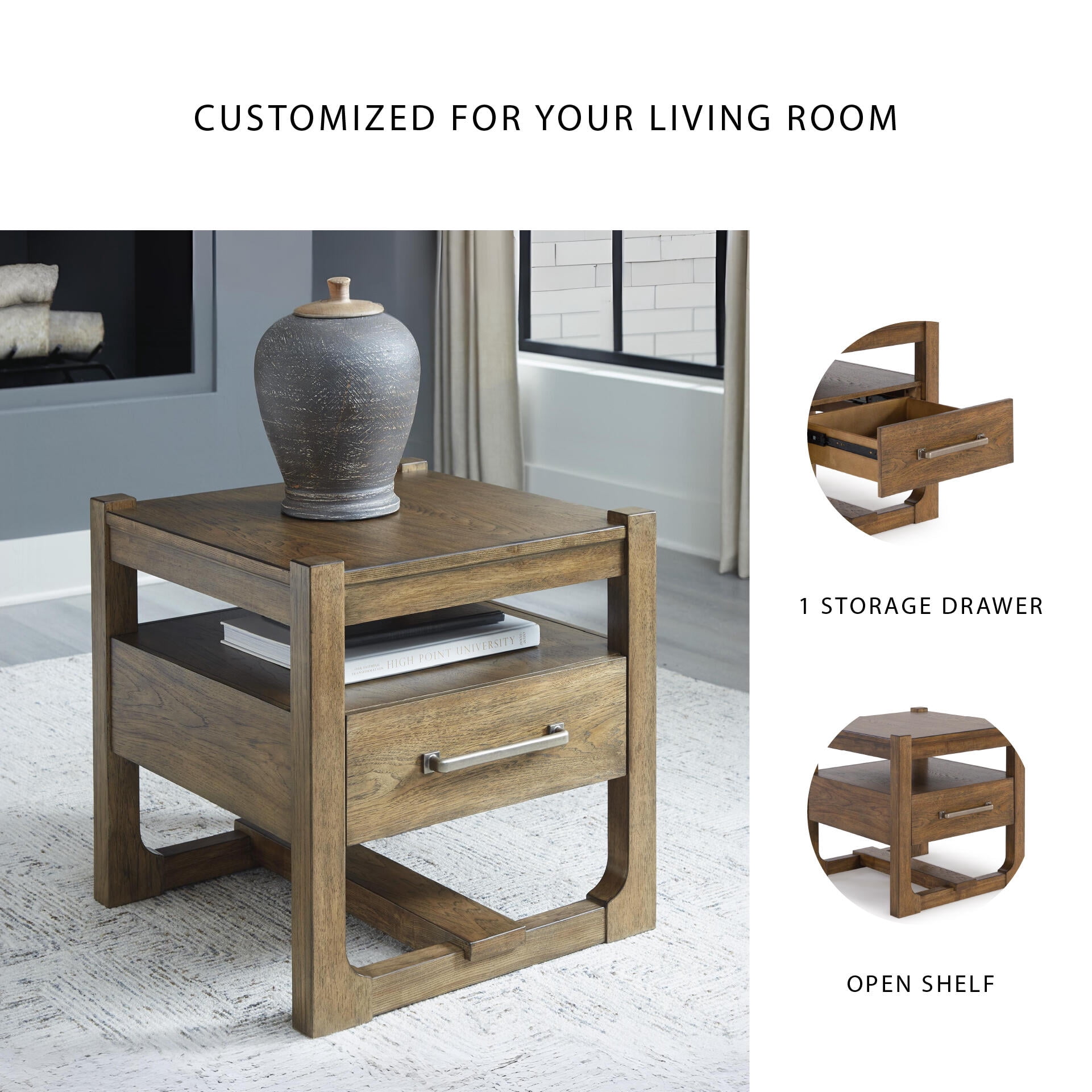 Signature Design by Ashley Cabalynn Square End Table, Light Brown, Farmhouse Accent Table with Drawer and Open Shelf