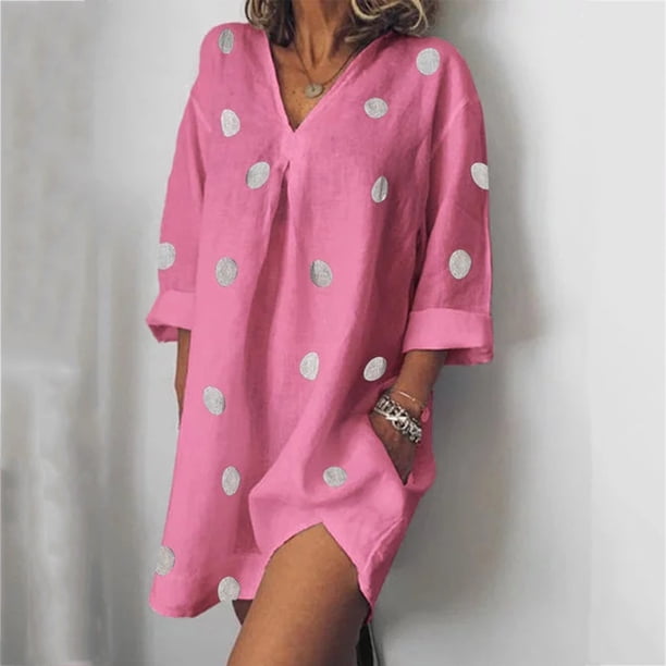 Puntoco Vestido De Manga Corta Con Cuello En V, Vestido De Verano Con Estampado De Botones Y Manga Tres Cuartos Para Mujer, Rosa S