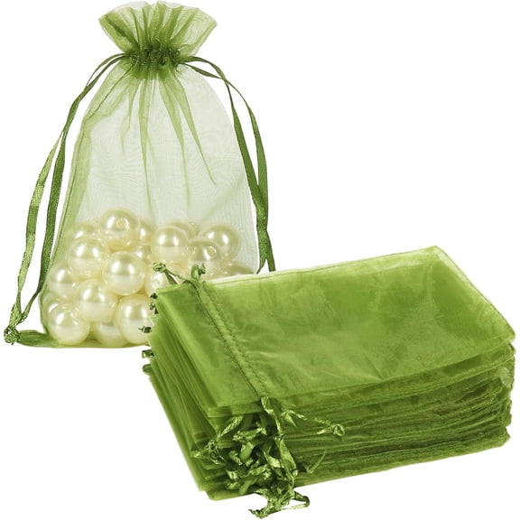 NAMZI 100pcs Organza Bags, 5x7 inch Mesh Drawstring Gift Bags Jewelry Pouches for Christmas Candy Party Favor, Dark Green