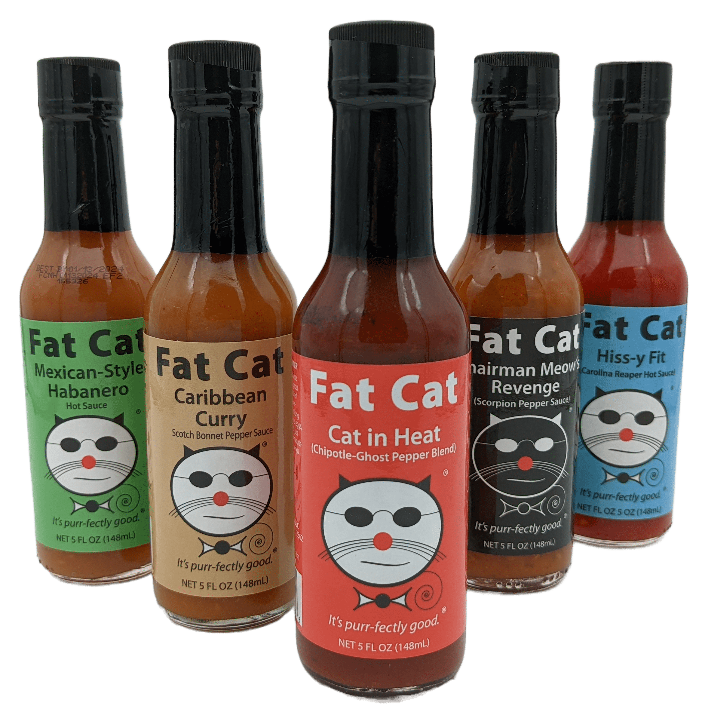 Heat Lovers Hot Sauce Gift Set and Sampler Variety Pack by Fat Cat Gourmet (5 Bottles)