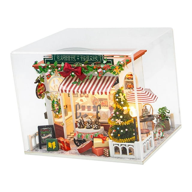 Kit de casa de muñecas navideña en miniatura 3D con luces, versátil para regalar en Valentín, modelo creativo de madera con cubierta antipolvo.