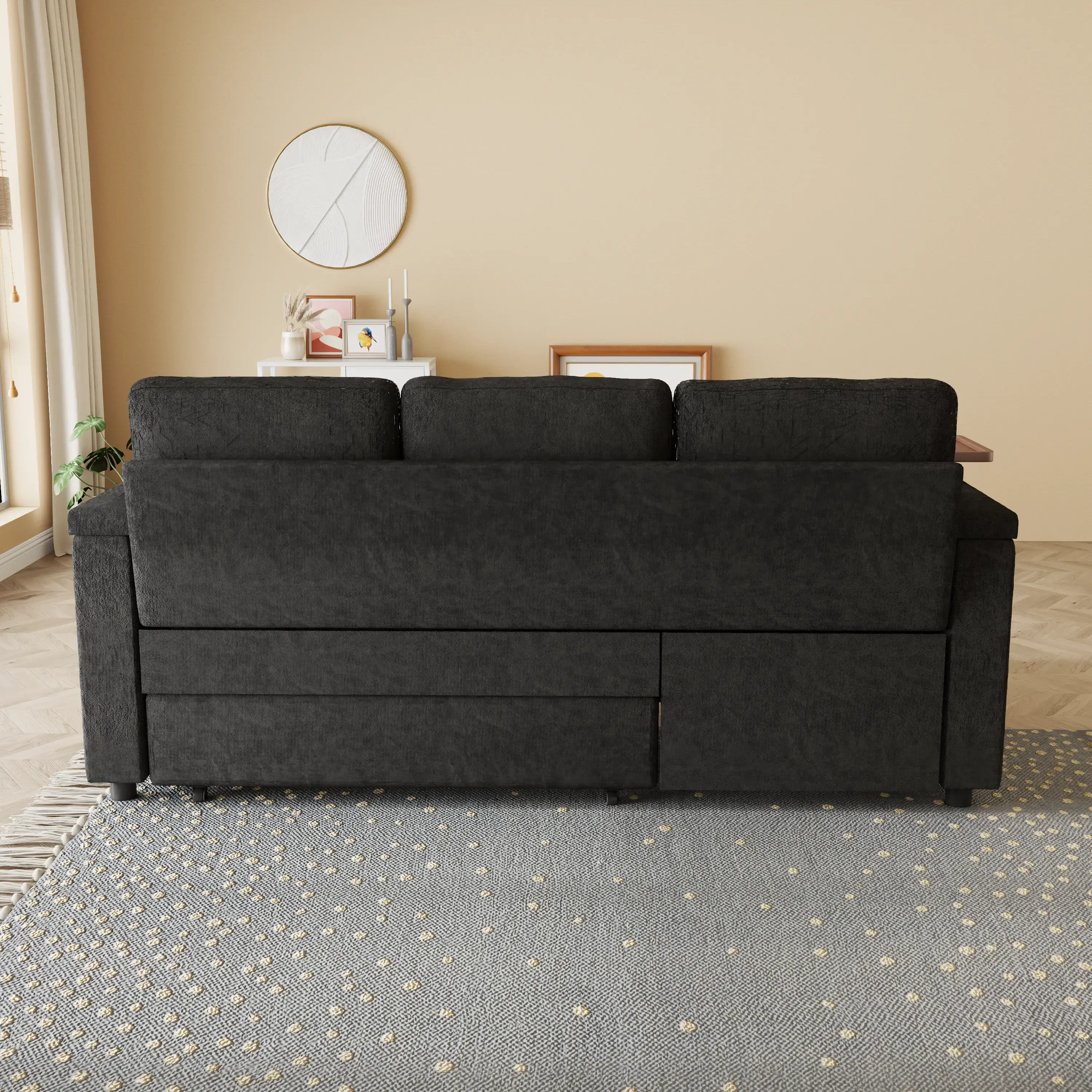 Aukfa 83" Convertible Sofa Bed, Chenille 3-Seater Pull-Out Sleeper Couch with Recliner, USB Port, Swivel Table & Storage Armrests,Black