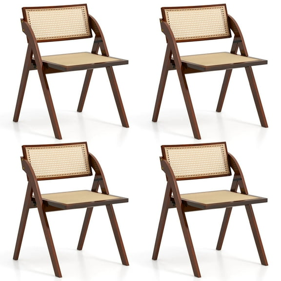 Costway Foldable Dining Chairs Set of 4 with Woven Rattan Backrest & Seat Rubber Wood Frame Brown