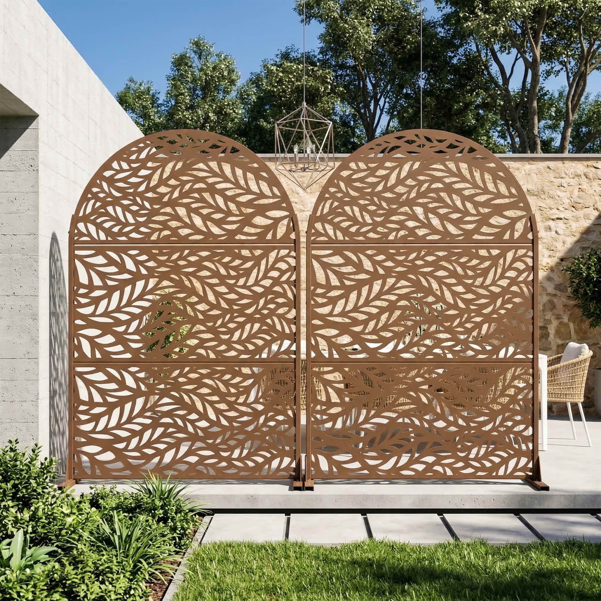 MAYEERTY Brown Arched Galvanized Metal Privacy Screen, Outdoor Garden Patio, 72×47×16in, 3 Panels