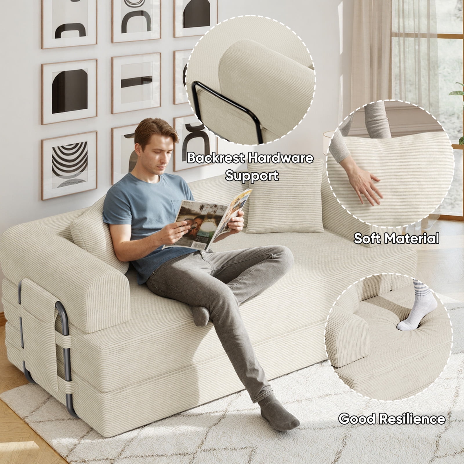 Daluvenix 4-in-1 Folding Convertible Sofa Bed 81 Inch Oversized Corduroy Upholstered Boneless Couch Loveseat Sleeper with Pull Out Bed Beige