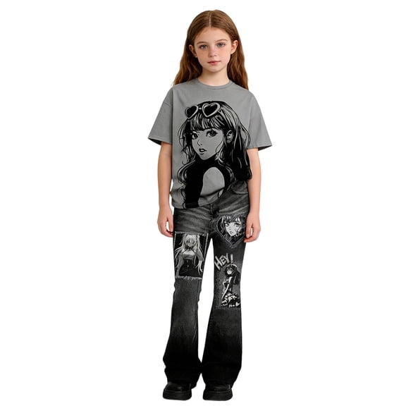 Confree Kids Girls Summer 2 Piece Outfit Graphic Print Short Sleeved Round Neck Shirts And Pants Set Playwear Fashion Casual Child Girls Outfits Size 9-10 Years Gray