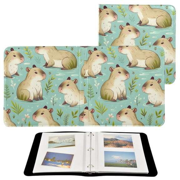 Leather Cover Photo Album 80 Pockets 4x6 Photos Bookshelf Picture Album Cute Capybara and Leaf