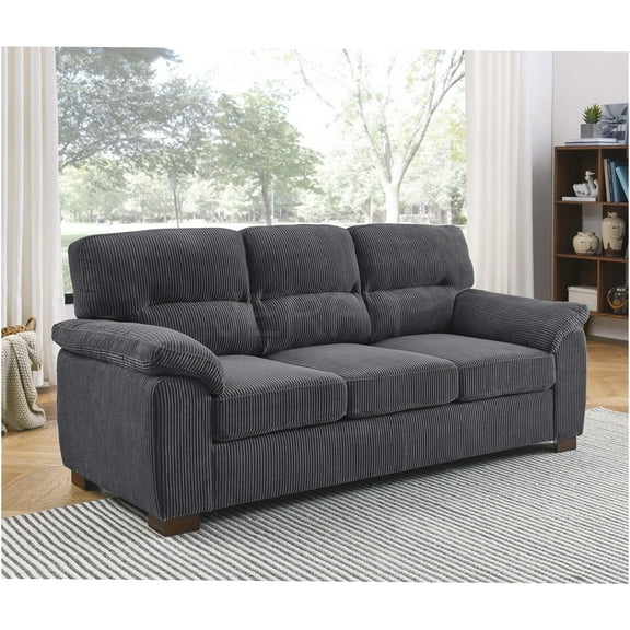 JERFIT Vintage Tufted Corduroy Sofa 3 Seater for Living Room, Rolled Arm Couch, Comfortable Gray Fabric Sofa with Sturdy Wood Legs