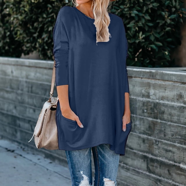 Simua Chemises pour Femmes avec Poche, Coupe Ample Décontractée, Chandails en Molleton Confortables Mignons, Manches Longues, Col Rond, Pulls T-Shirts