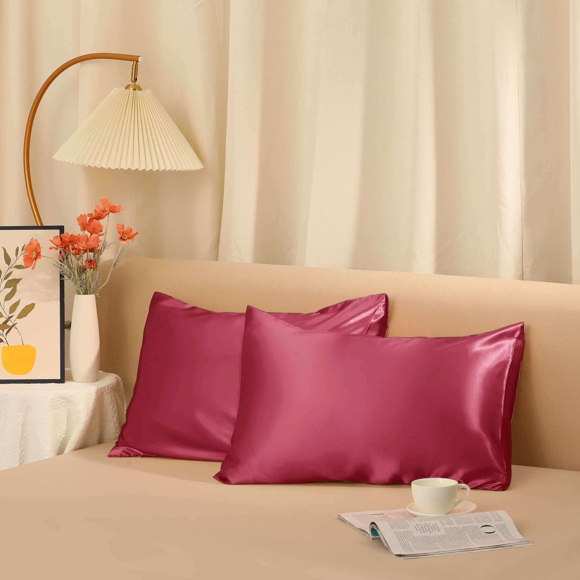Unique Bargains Envelope Closure Breathable and Soft Satin Pillowcase (2 Count) Wine Red Queen
