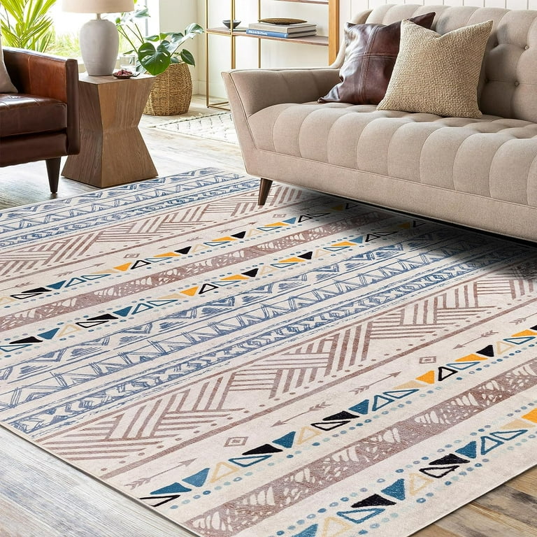 Area Rug 5x7, Ultra-Thin Non Slip Washable Rugs, Ethnic Tribal Geometric  Boho Rug Large Carpet for Living Room Bedroom Dinning Room (Blue/Brown, 5'  x 7') 