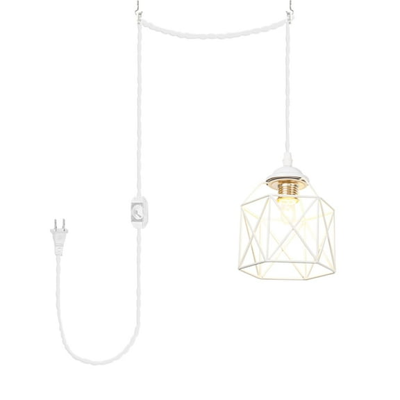 KAYYELAMP White Metal Cage Lampshade E12 Base Minimalist Pendant Light Fixture 15 Feet Plug in Dimmer Cord Hanging Lamp for Kitchen Loft Dining Room(No Bulb)