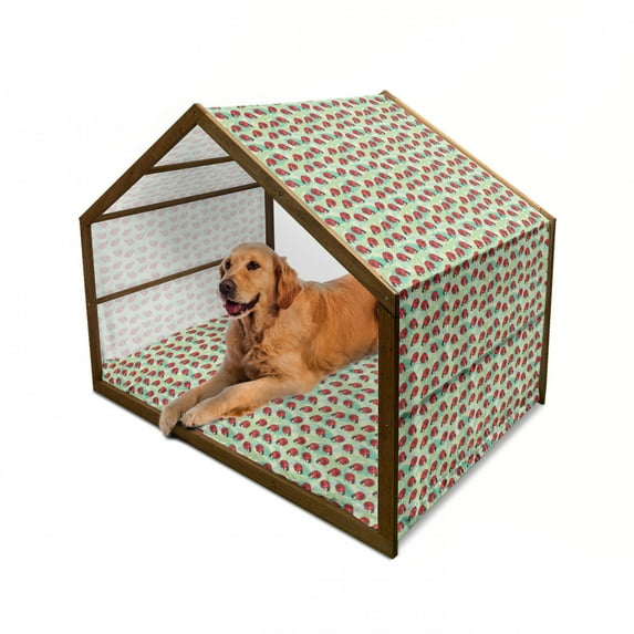 Ladybug Pet House, Spring Bugs on Tropical Leaves Exotic and Green Fern Foliage, Outdoor & Indoor Portable Dog Kennel with Pillow and Cover, 5 Sizes, Pale Green Vermilion, by Ambesonne