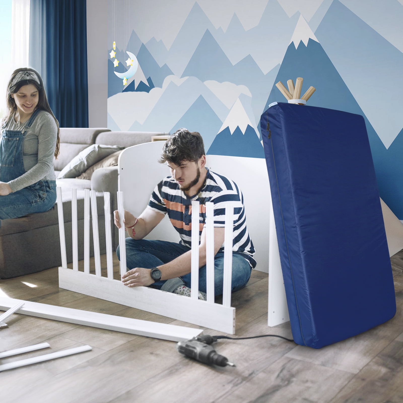 Crib Mattress Bag Waterproof Heavy Duty Crib Mattress Moving Bag with Strong Zipper Reusable Crib Mattress Cover for Moving, Navy