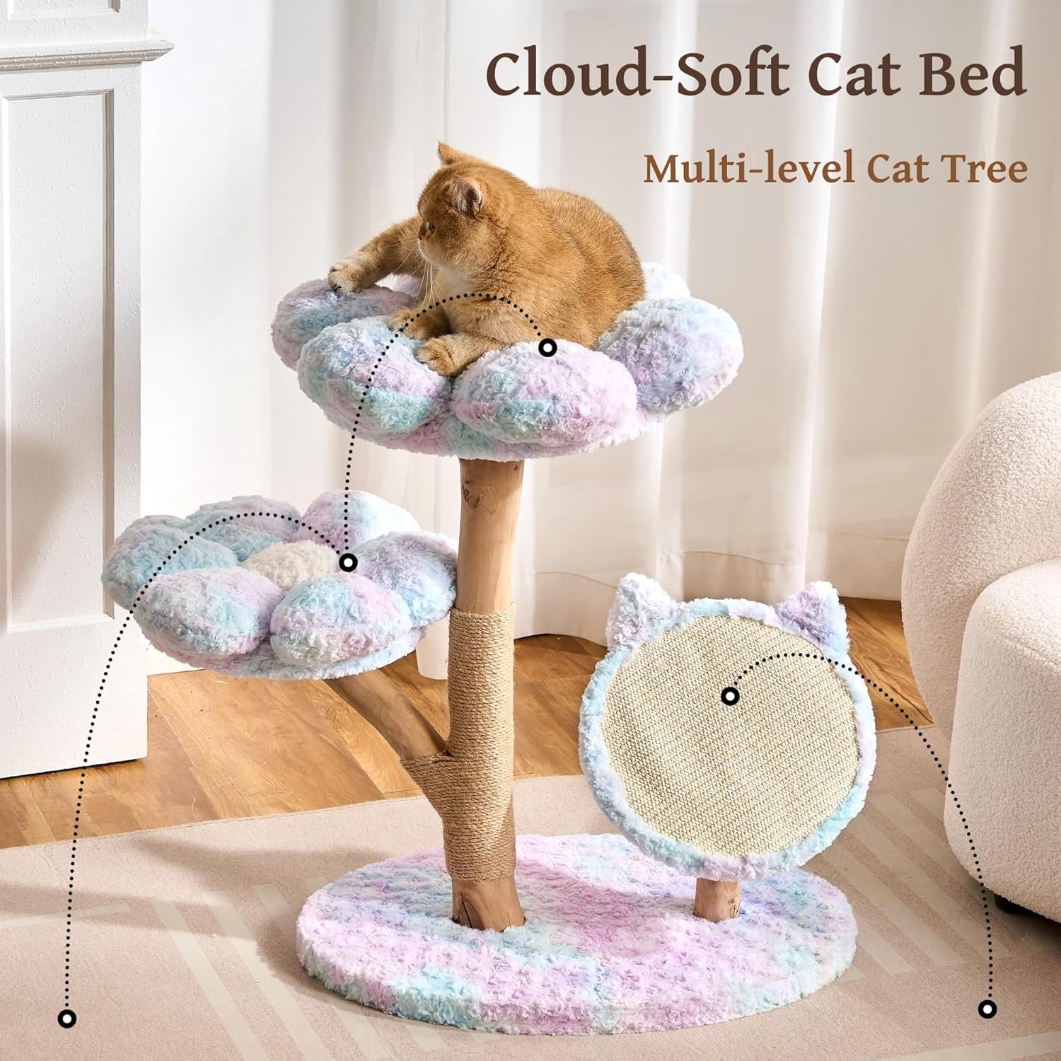 Modern Natural Solid Wood Cat Tree Tower for Indoor Cats Large Adult, 30 inch Flower Cat Tree with Scratching Post, Luxury Aesthetic Cat Tree with Cloud-Soft Flower Perches and Sisal Scratching Pad