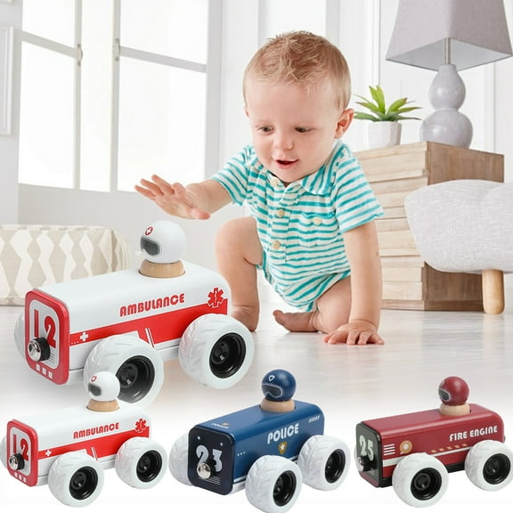 ABPWLY Toys Wooden Push and Return Fire Truck Toy Learning Walking Vehicle for 1-3 Year Olds Kid Gift Red Blue White Play Kitchen