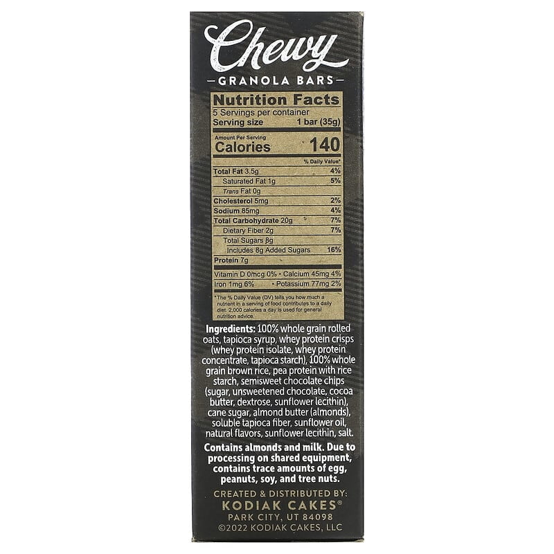 Kodiak Cakes, Chewy Granola Bars, Chocolate Chip, 5 Bars, 1.23 oz (35 g) Each Pack of 2
