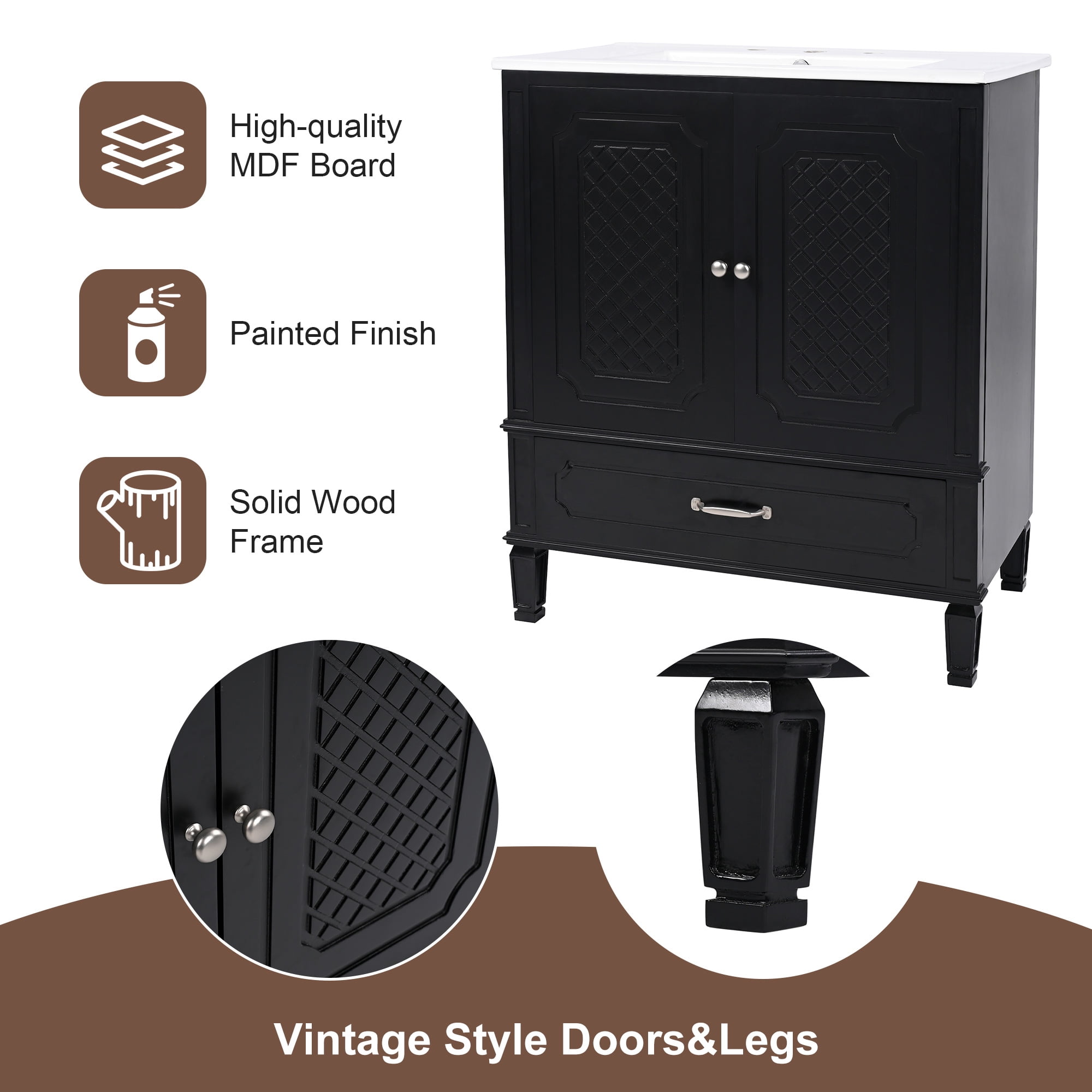 Euroco 30" Bathroom Vanity with Sink Vintage Style, Multi-functional Storage Space, Door Shelf, Soft-closing Door, Black (same sku: N759P218644B)