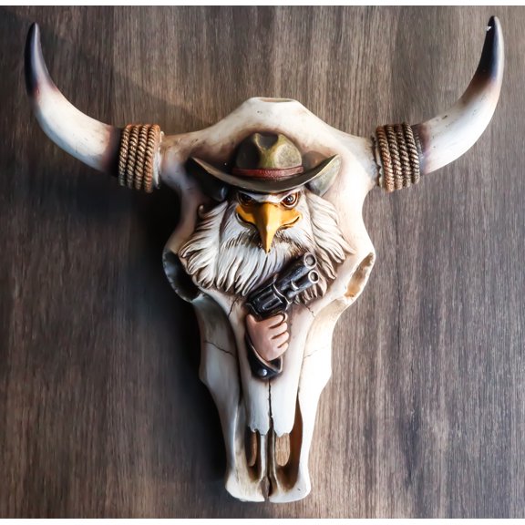 Rustic Western Eagle Cowboy With Gun Horned Ropes Cow Skull Wall Decor Plaque