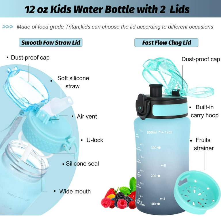 Oldley 12 oz Water Bottle for Kids BPA Free Reusable With Straw/Chug 2 Lids  Leak-Proof Gift for Toddler Boys Girls 