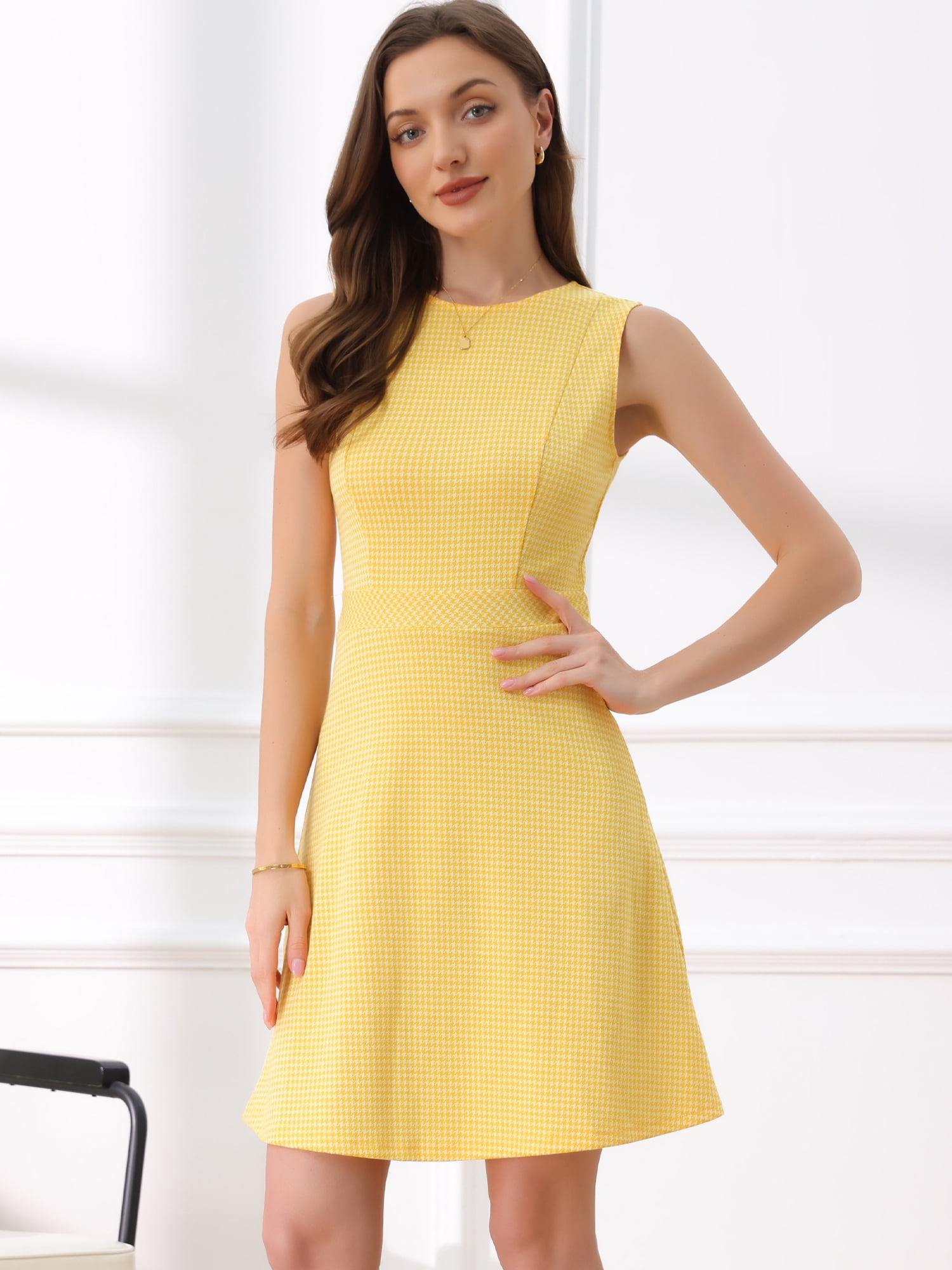 DARING DIVA Women's Plaid Dress Sleeveless A Line Houndstooth Work Dress M Yellow