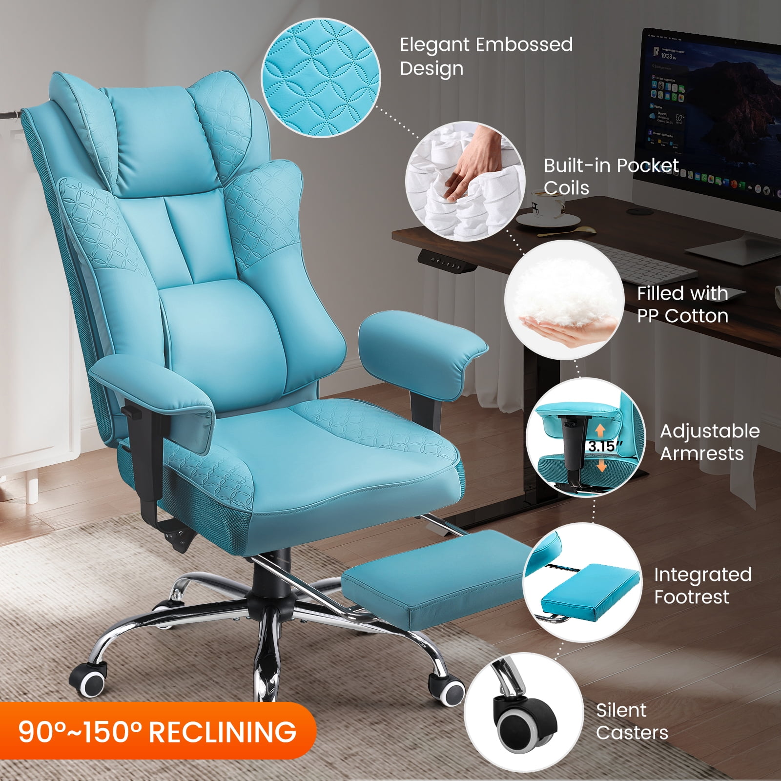 CloudRest Pro 400lbs Executive heavy duty office chair, High Back Ergonomic Computer Desk Chair with Lumbar Back Support, Blue