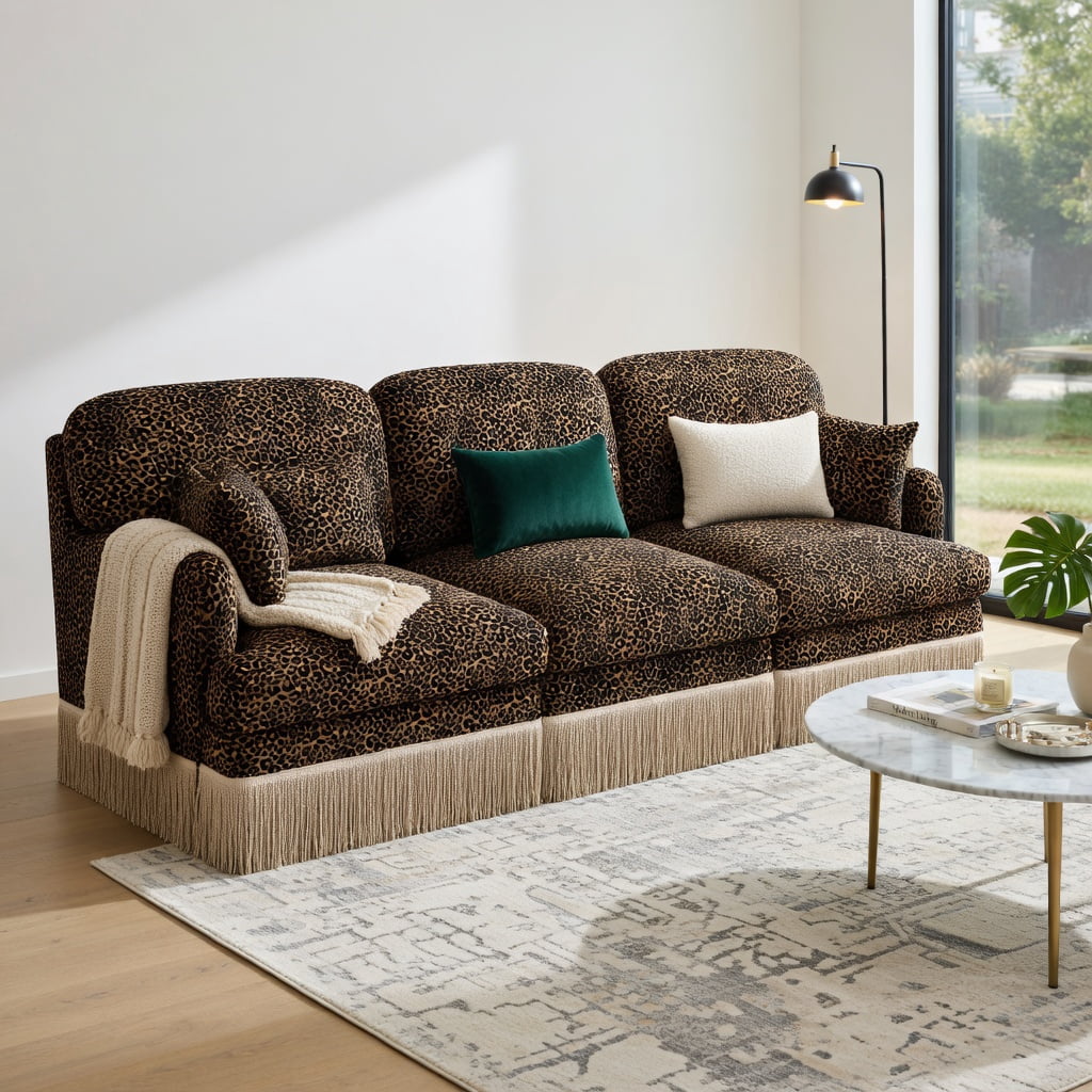 Hommoo 100" Modern Leopard Print Chenille 3-Seat Modular Sectional Sofa with Tassel Trim, Ergonomic Deep Seat & Easy Snap-Together Assembly, Brown