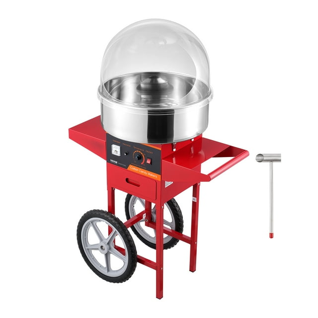 VEVOR Máquina electrica para hacer algodón de azúcar con carrito, 1000 W, comercial, con tapa, recipiente de acero inoxidable, cuchara para azúcar y cajón, perfecta para el hogar, color rojo
