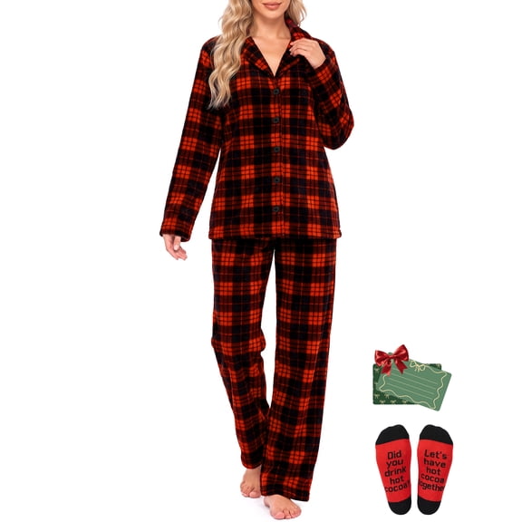 Weekease Fleece Pajamas for Woman Set Notched Collar Button up Tops Drawstring Pants Two Piece Soft Winter Sleepwear