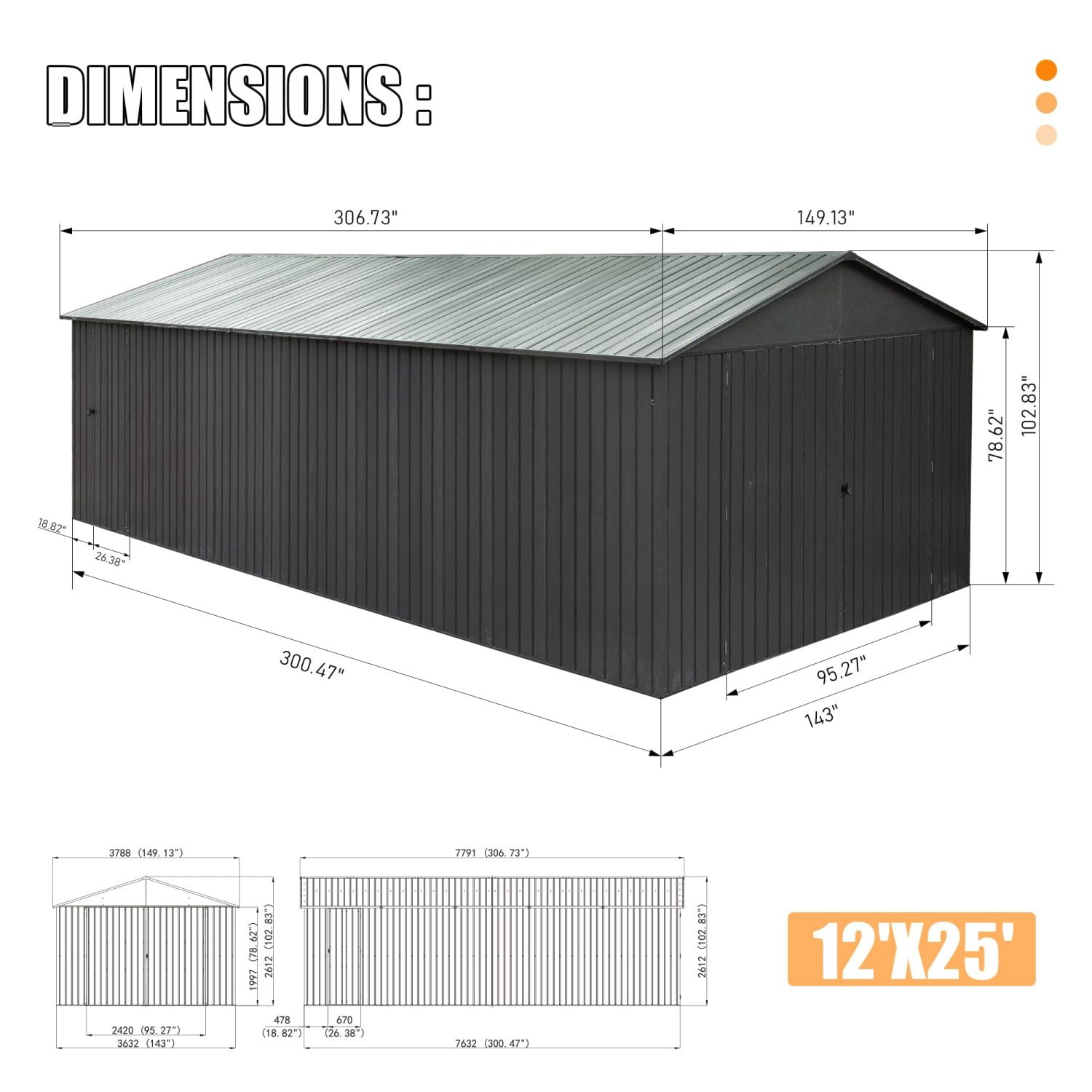 Miekor Furniture 12x25FT Outdoor Metal Garage Shed, Extra Large Metal Carport with Lockable Double Hinged Doors, Heavy Duty Car Shelter for Car, Truck, Motorcycle and Lawn Equipment, Dark Grey MK9689
