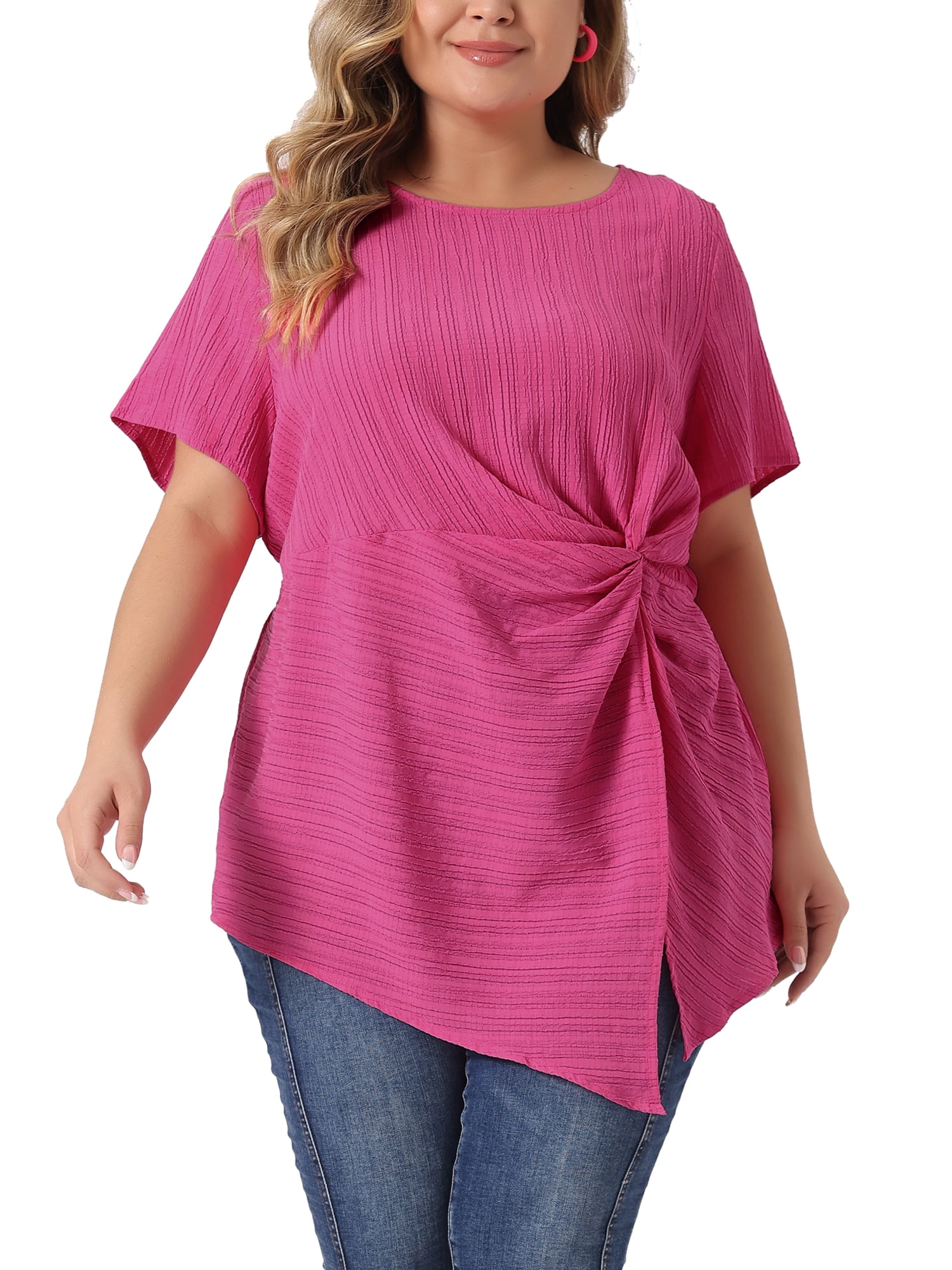 Unique Bargains Women Plus Size Asymmetrical Hem Round Neck Short Sleeve Twist Knot Top 4X Hot Pink