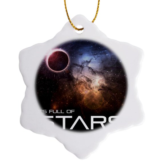 3drose, Its Full of Stars - Splendid Space Scene Incorporates Glowing Planets and Galaxies, 3 inch Snowflake Porcelain Ornament