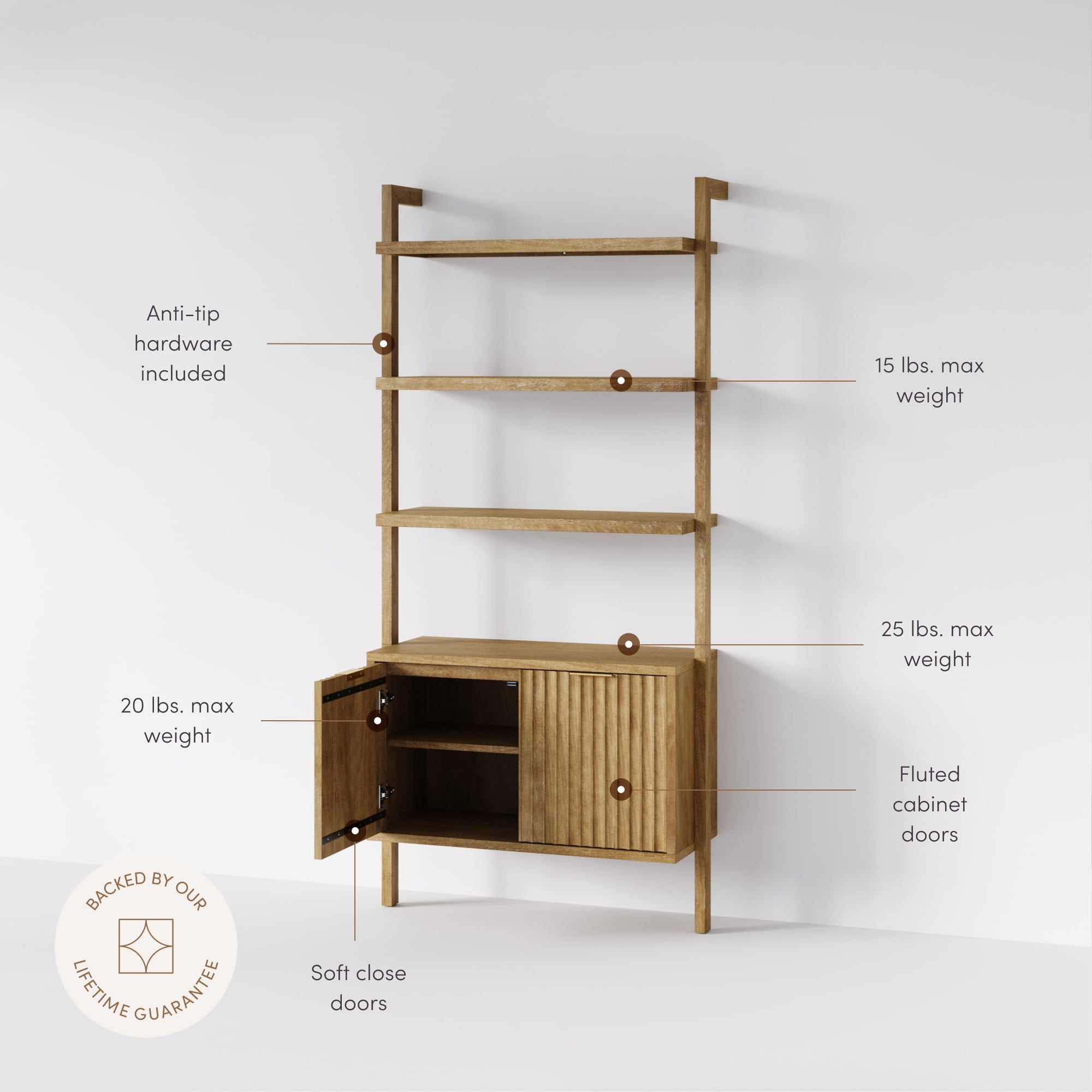Nathan James Jasper 3-Shelf Solid Wood Boho Bookshelf, Wall Mounted Bookshelf with Cabinet with Fluted Doors, Light Brown