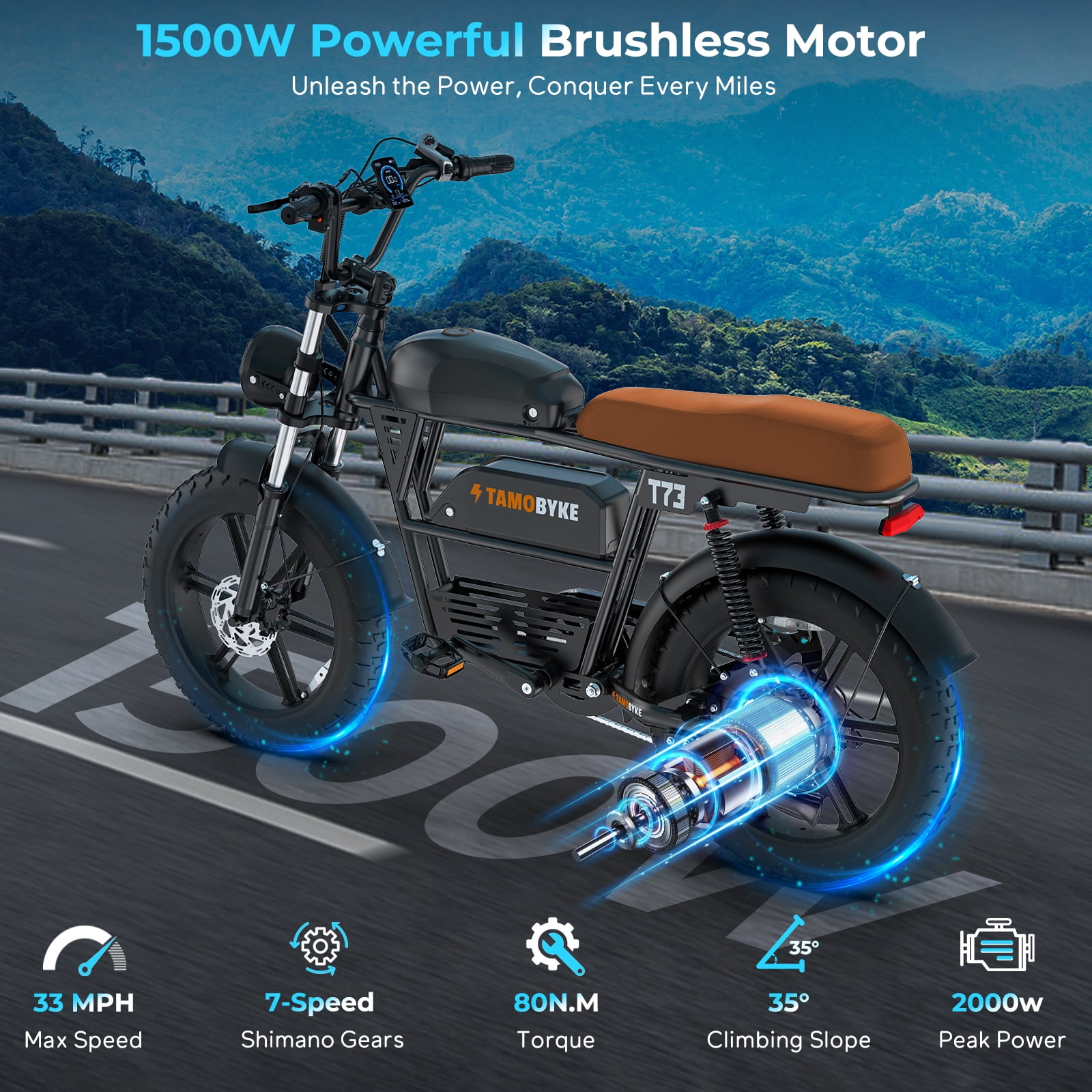 Tamobyke Electric Bike for Adults, 1500W 33mph 48V 36.4Ah Dual Battery Mountain Ebike,20" Fat Tire Full Suspension UL2849