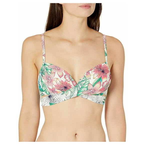 COCO REEF Women's Ivory Tropical Print Stretch Shirred Lined Wrap Style Adjustable Sweetheart Aloha Allure Underwire Swimsuit Top 32\34C