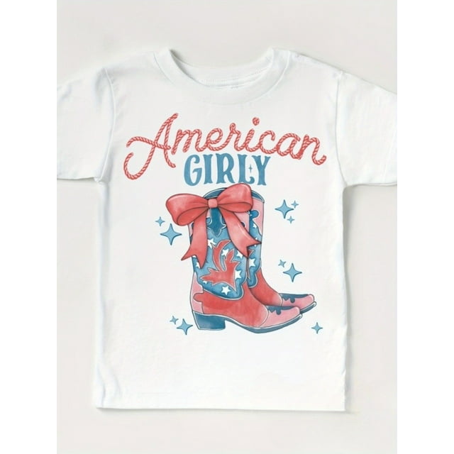 Chemise en Denim Patriotique pour Filles - Étoile Scintillante Américaine du 4 Juillet avec Design de Bottes de Cowboy Rouges, Haut à Manches Courtes, Adapté aux Célébrations d'Indépendance et de Souvenir