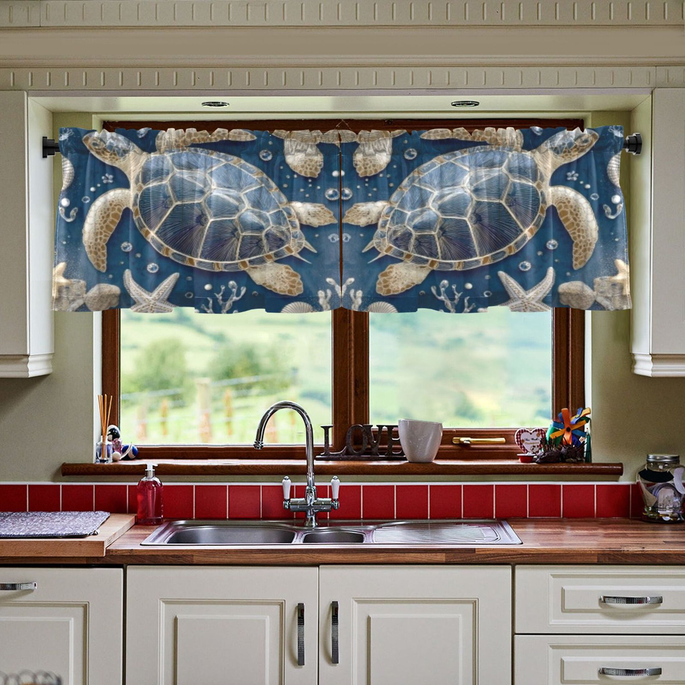 BZSMCE Set of 2 Pieces Window Curtains In Navy Beaded Sea Turtle Pattern 57x24in/57x36in