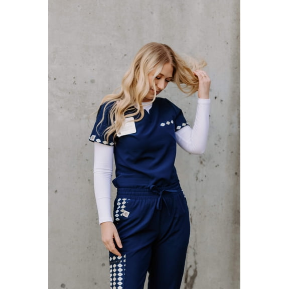 Women's scrub top, Western, Workwear, Uniform, Scrub Sets, Spurrin' Scrubs-Simple Navy Aztec Top