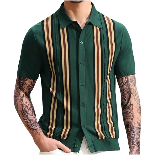 Camisas Casuales de los Hombres de Punto Suelta Camisa de Manga Corta Al Aire Libre, Top de Verano a Rayas con Cuello Plegable, Camisas de Verano de los Hombres