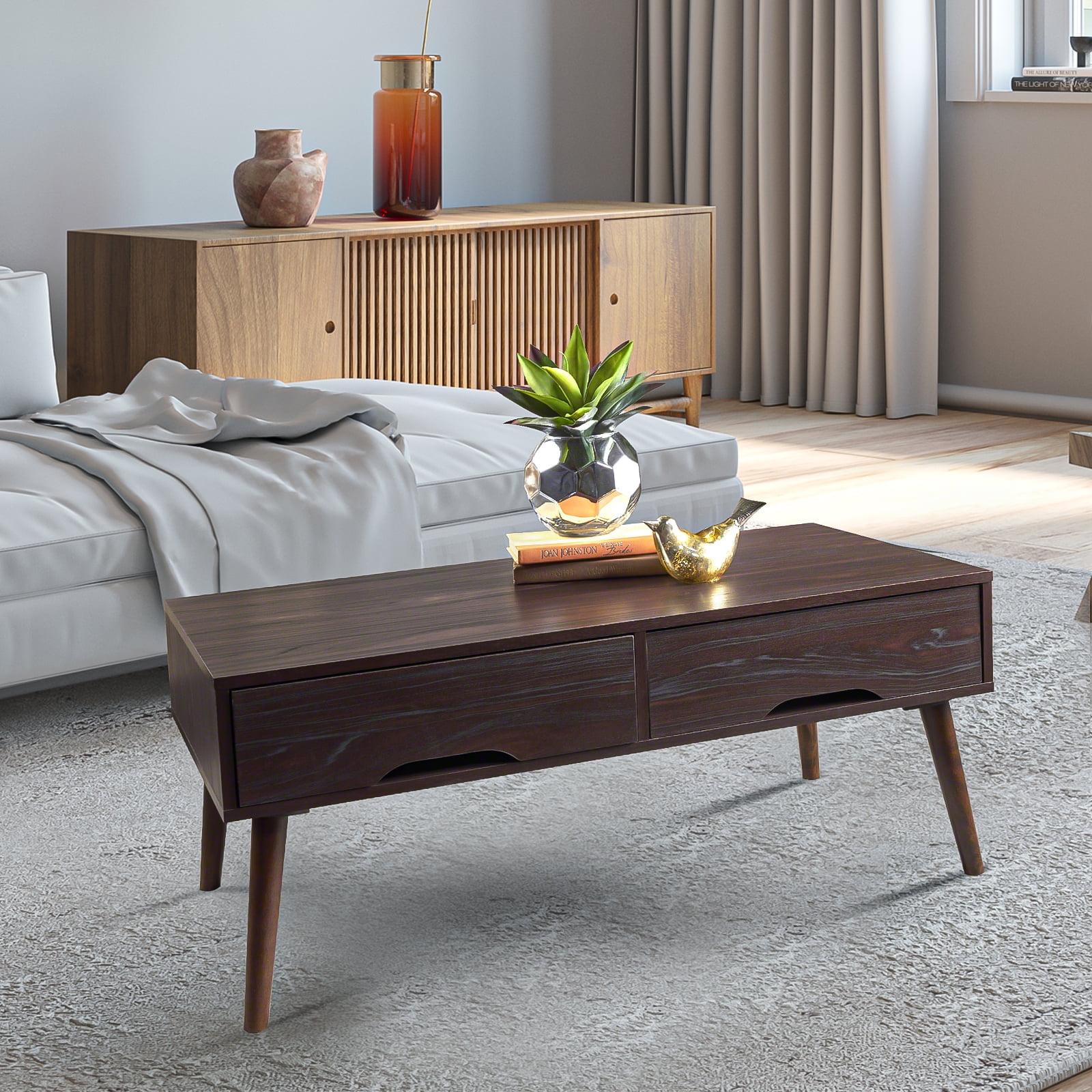 Kadyn Mid Century Coffee Table, Fiberboard Accent TV Table with Rubberwood Legs, Rectangle Center Table Sofa Table for Living Room, Wenge Kadyn Mid Century Coffee Table, Fiberboard Accent TV Table with Rubberwood Legs, Rectangle Center Table Sofa Table for Living Room, Wenge